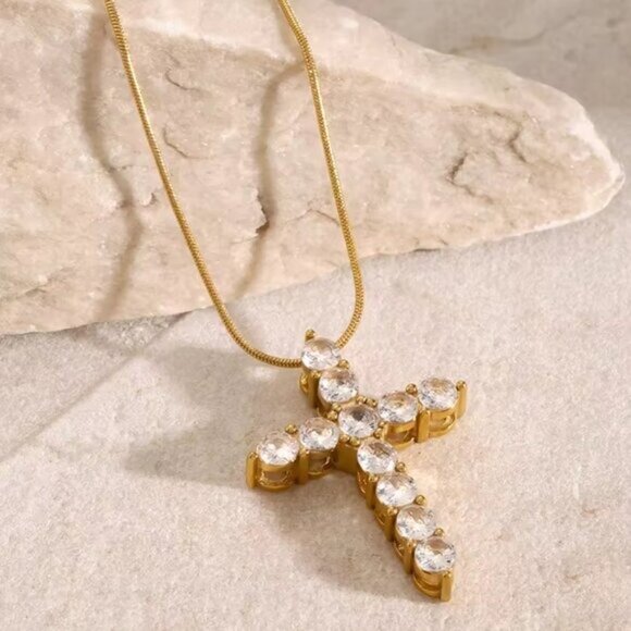 Gold Cross Necklace Waterproof CZ Diamond Pendant  Dainty Snake Chain WATERPROOF - Picture 8 of 14